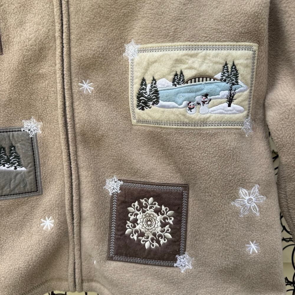 90s Croft & Barrow Tan Fleece Cabincore Applique Embroidery Fleece Cardigan MED - Picture 2 of 10